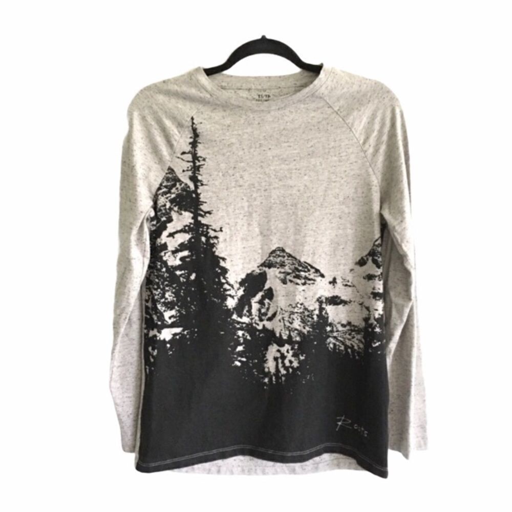 ROOTS Canada Crew Neck Long Sleeve T-Shirt Nature Trees Gray Black XS
